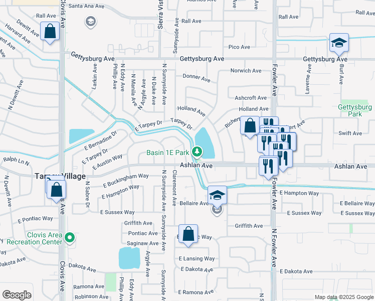 map of restaurants, bars, coffee shops, grocery stores, and more near 1457 Bernadine Drive in Clovis