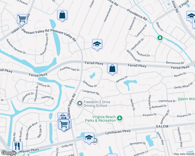 map of restaurants, bars, coffee shops, grocery stores, and more near 4710 White Tail Court in Virginia Beach