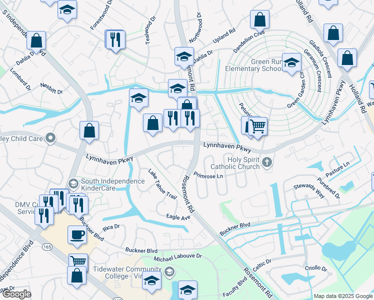 map of restaurants, bars, coffee shops, grocery stores, and more near 3605 Wetherington Drive in Virginia Beach