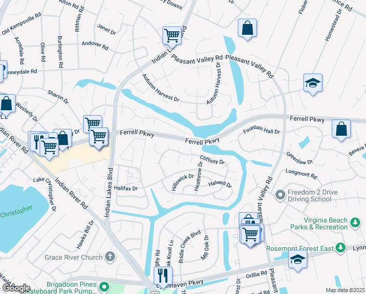 map of restaurants, bars, coffee shops, grocery stores, and more near 1404 Cornfield Court in Virginia Beach