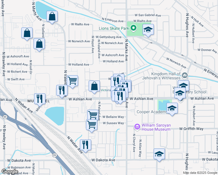 map of restaurants, bars, coffee shops, grocery stores, and more near 4070 North Benedict Avenue in Fresno