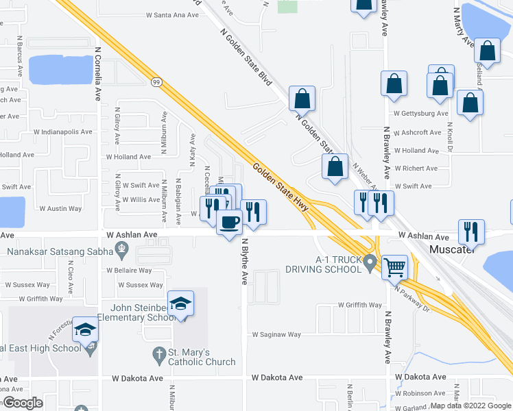 map of restaurants, bars, coffee shops, grocery stores, and more near 4356 West Ashlan Avenue in Fresno