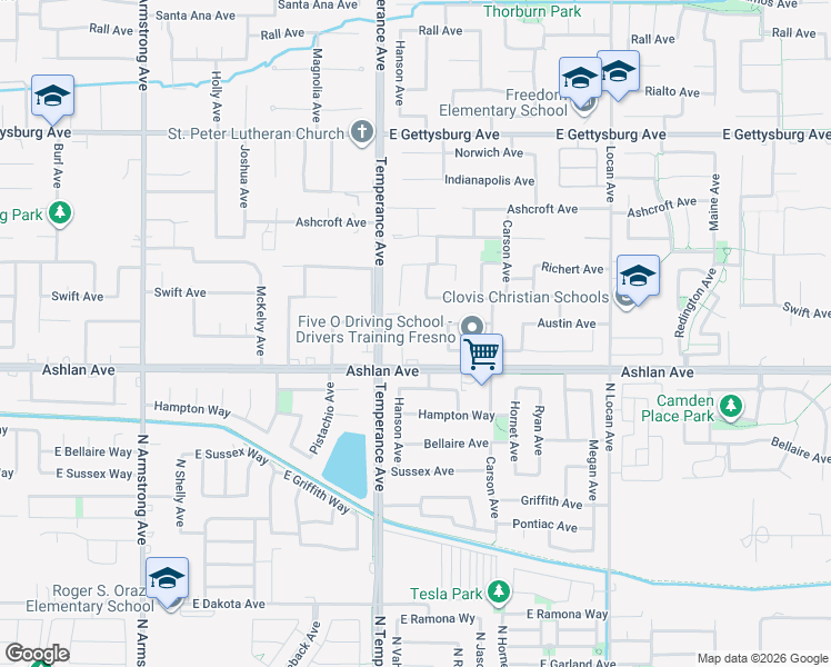 map of restaurants, bars, coffee shops, grocery stores, and more near 2644 Austin Avenue in Clovis