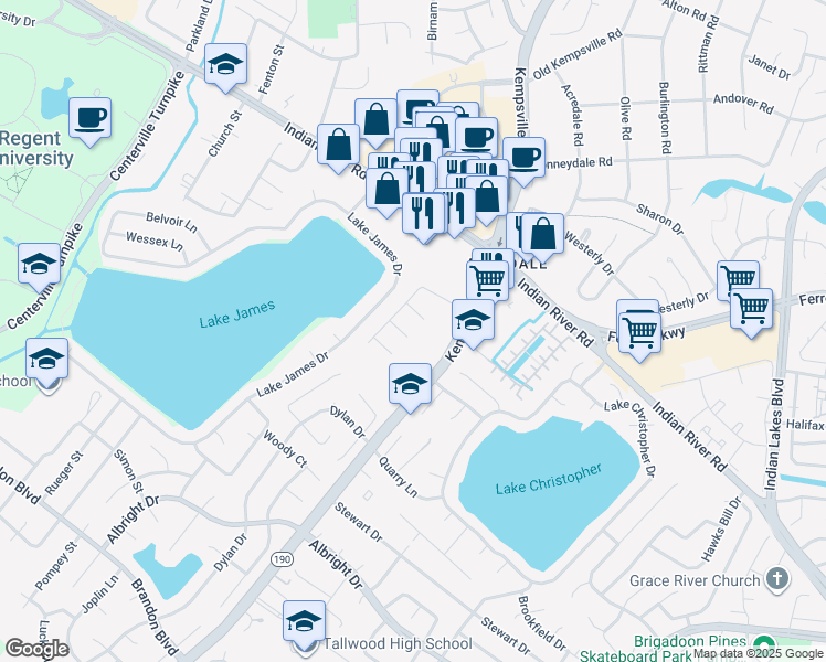 map of restaurants, bars, coffee shops, grocery stores, and more near 1529 Canterford Court in Virginia Beach