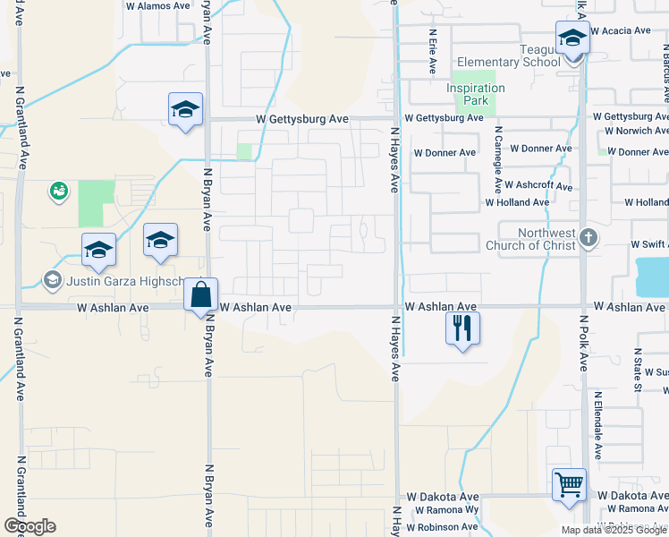 map of restaurants, bars, coffee shops, grocery stores, and more near 6125 West Willis Avenue in Fresno