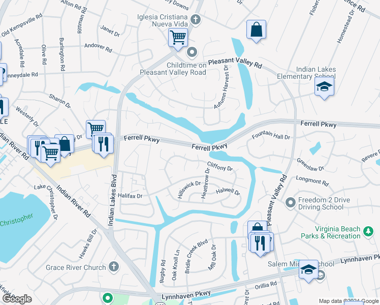 map of restaurants, bars, coffee shops, grocery stores, and more near 1404 Cornfield Court in Virginia Beach