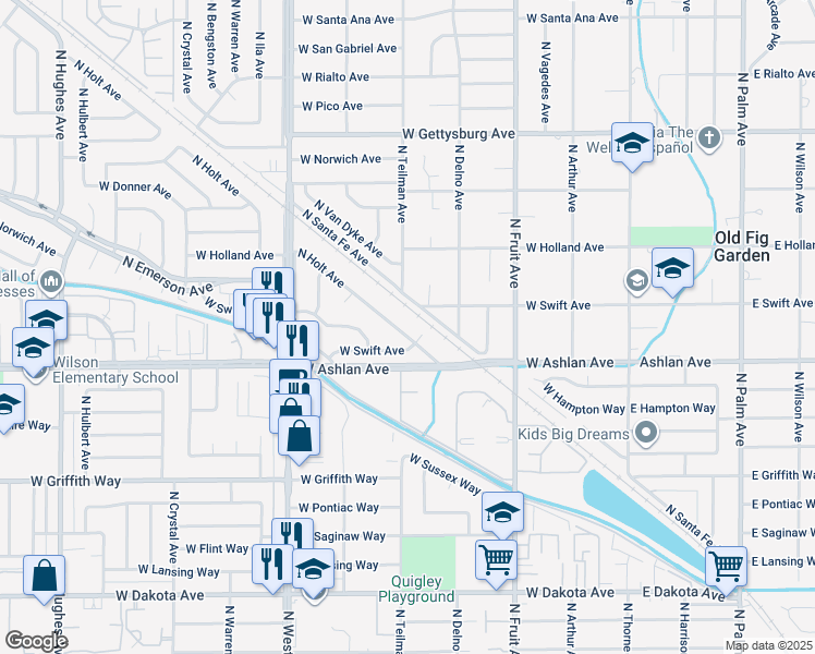 map of restaurants, bars, coffee shops, grocery stores, and more near 4252 North Holt Avenue in Fresno