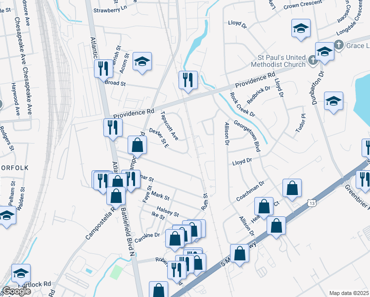 map of restaurants, bars, coffee shops, grocery stores, and more near 300 Dexter Street East in Chesapeake