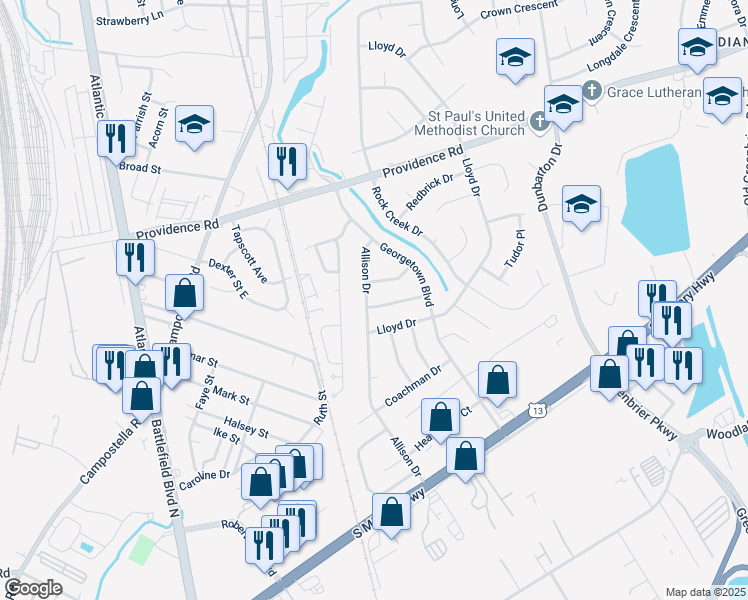 map of restaurants, bars, coffee shops, grocery stores, and more near 200 Fillmore Place in Chesapeake