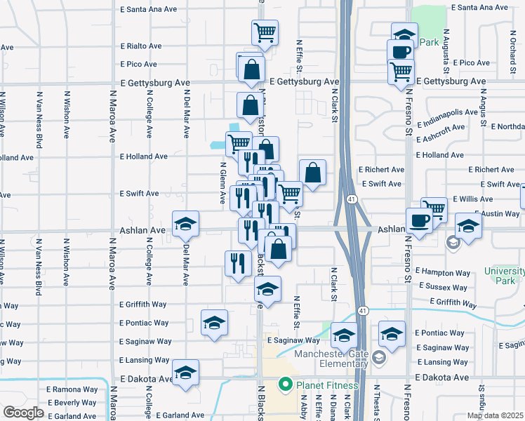 map of restaurants, bars, coffee shops, grocery stores, and more near 4260 North Blackstone Avenue in Fresno