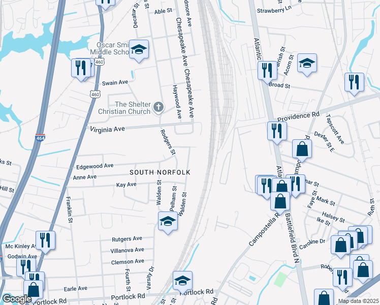 map of restaurants, bars, coffee shops, grocery stores, and more near 2803 Southport Ave in Chesapeake