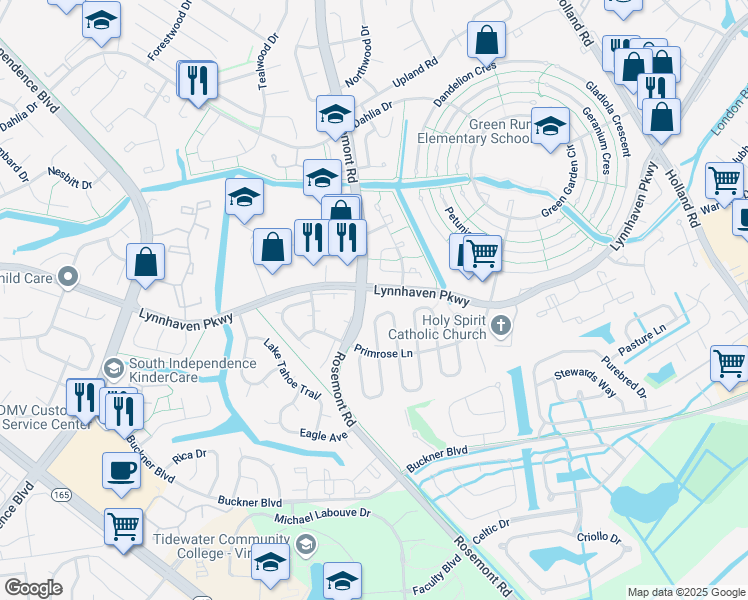 map of restaurants, bars, coffee shops, grocery stores, and more near 1496 Lynnhaven Parkway in Virginia Beach
