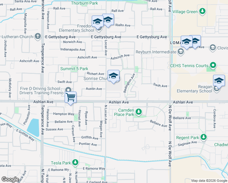 map of restaurants, bars, coffee shops, grocery stores, and more near 3079 Austin Avenue in Clovis