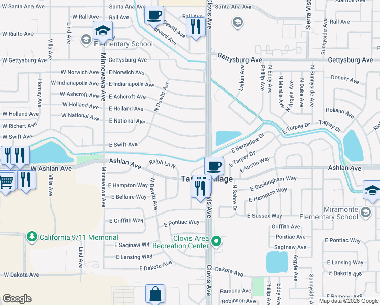 map of restaurants, bars, coffee shops, grocery stores, and more near 5588 East Swift Avenue in Fresno
