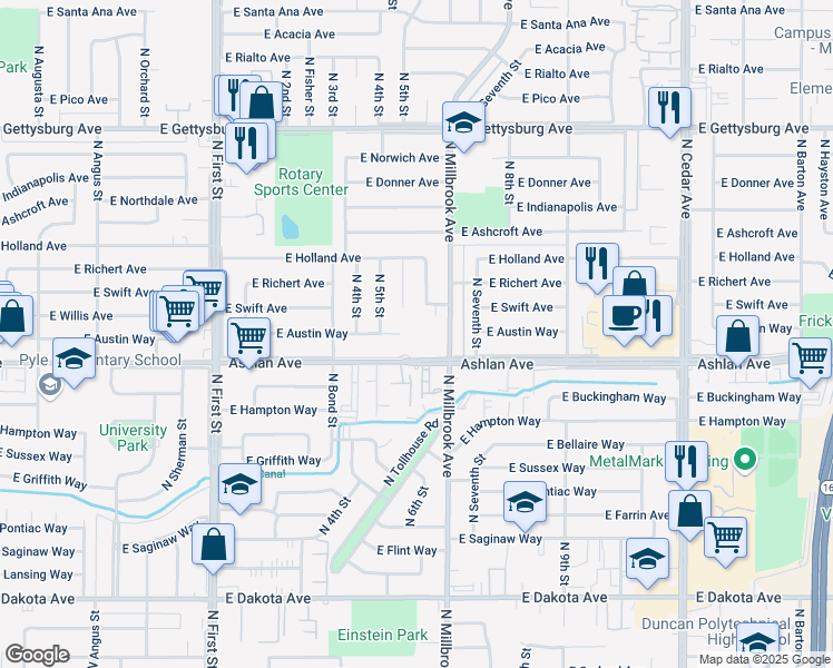 map of restaurants, bars, coffee shops, grocery stores, and more near 3545 East Ashlan Avenue in Fresno
