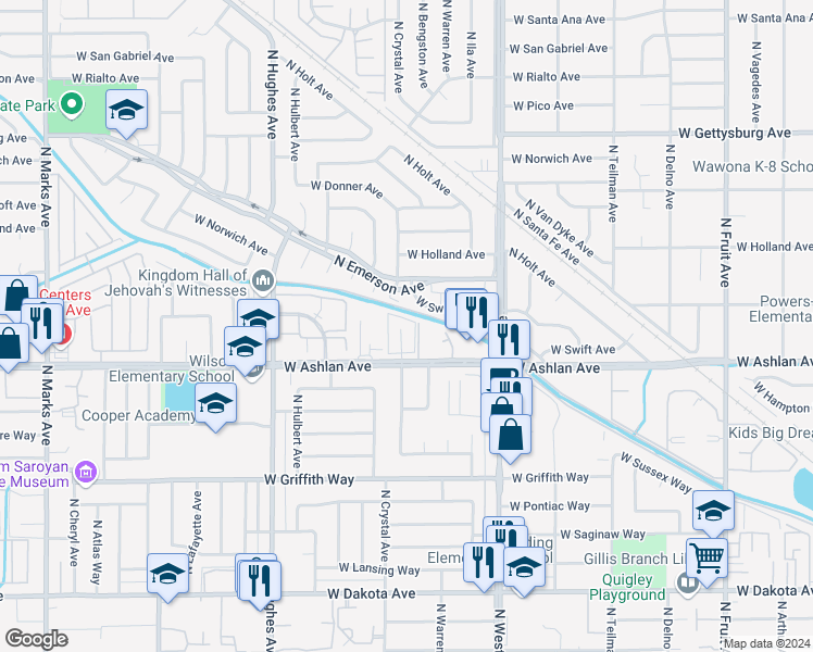 map of restaurants, bars, coffee shops, grocery stores, and more near 4263 North Bengston Avenue in Fresno