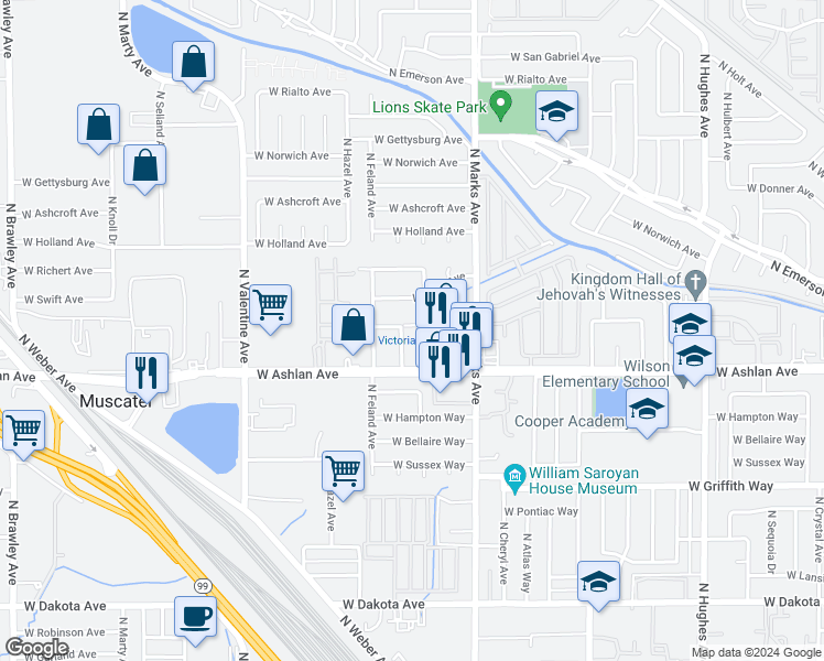 map of restaurants, bars, coffee shops, grocery stores, and more near 4070 North Benedict Avenue in Fresno