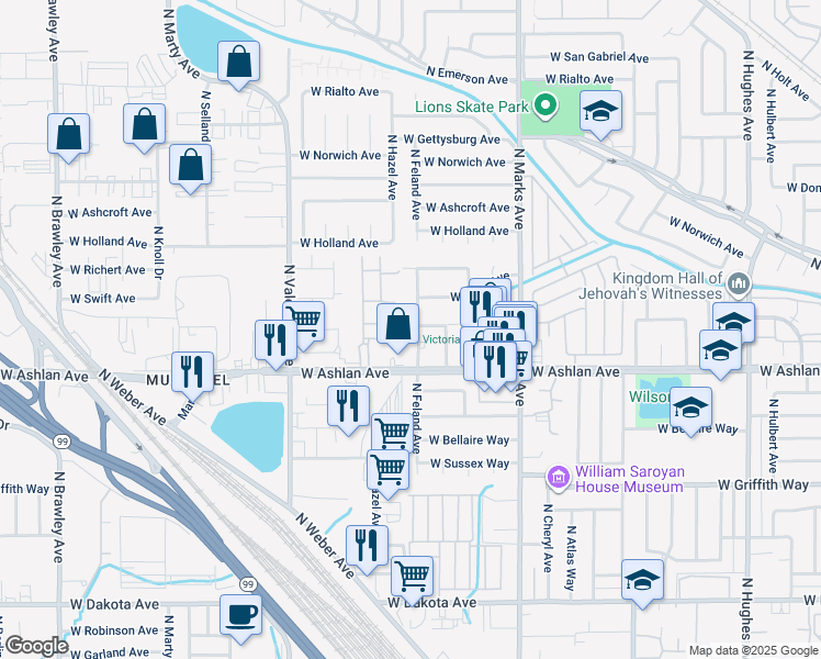 map of restaurants, bars, coffee shops, grocery stores, and more near 4071 North Feland Avenue in Fresno