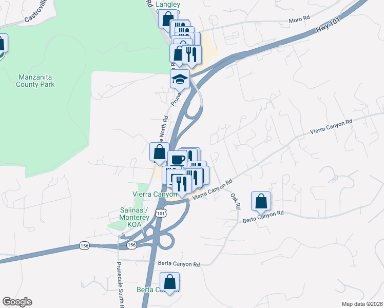 map of restaurants, bars, coffee shops, grocery stores, and more near 17663 Vierra Canyon Road in Salinas