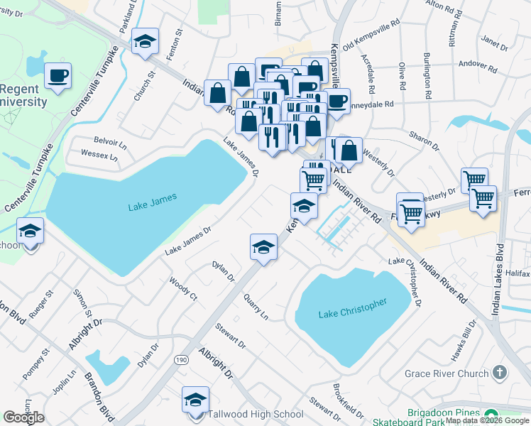 map of restaurants, bars, coffee shops, grocery stores, and more near 1529 Canterford Court in Virginia Beach
