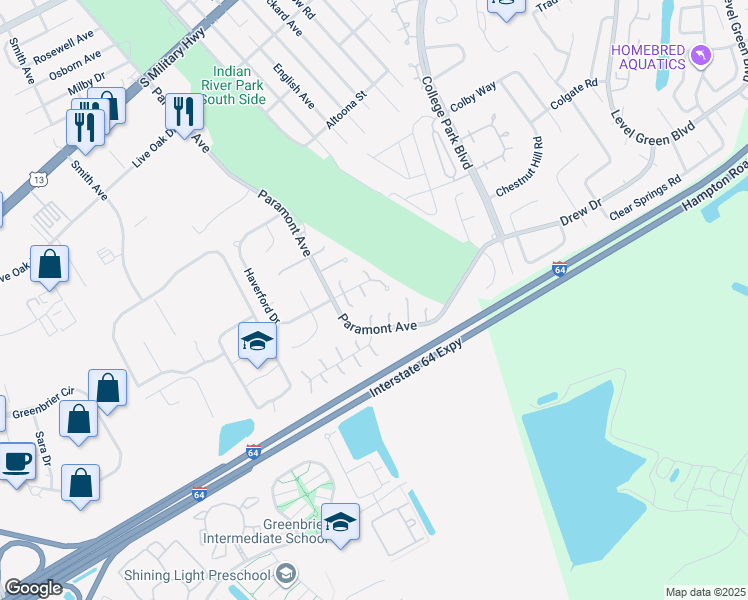 map of restaurants, bars, coffee shops, grocery stores, and more near 12 Glouchester Circle in Chesapeake