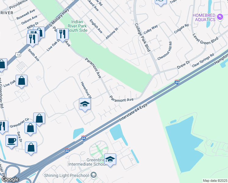 map of restaurants, bars, coffee shops, grocery stores, and more near 5 Glouchester Circle in Chesapeake