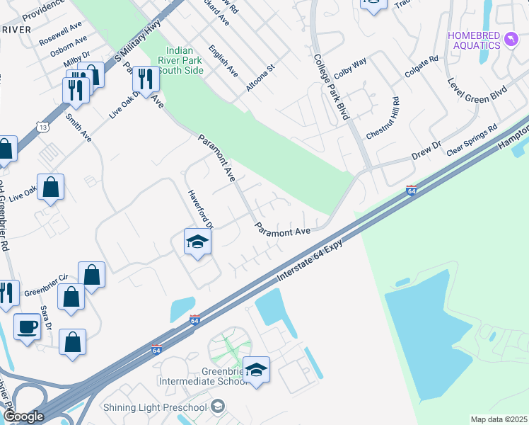map of restaurants, bars, coffee shops, grocery stores, and more near 5 Glouchester Circle in Chesapeake