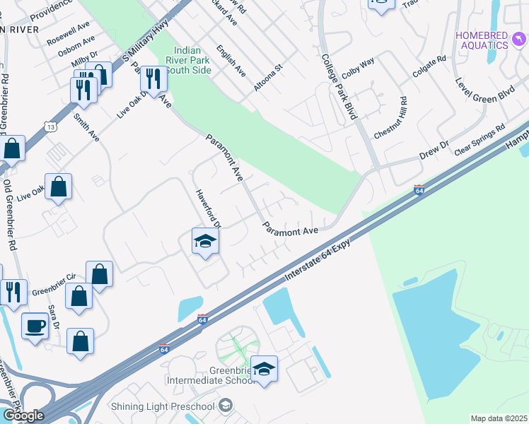 map of restaurants, bars, coffee shops, grocery stores, and more near 2101 Haverford Drive in Chesapeake