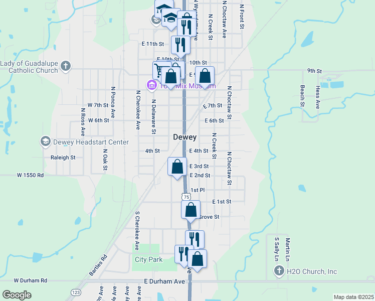 map of restaurants, bars, coffee shops, grocery stores, and more near 501 East 4th Street in Dewey
