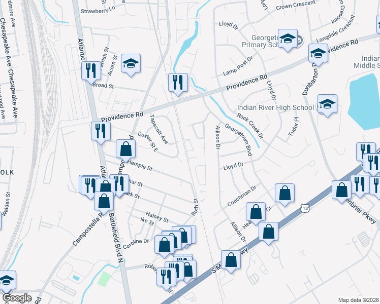 map of restaurants, bars, coffee shops, grocery stores, and more near 2809 Estella Drive in Chesapeake