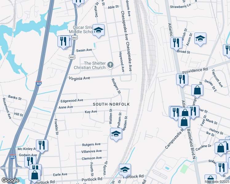 map of restaurants, bars, coffee shops, grocery stores, and more near 2812 Edgewood Court in Chesapeake