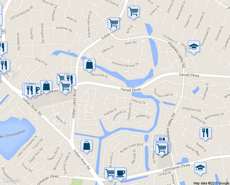 map of restaurants, bars, coffee shops, grocery stores, and more near 1409 Cornfield Court in Virginia Beach