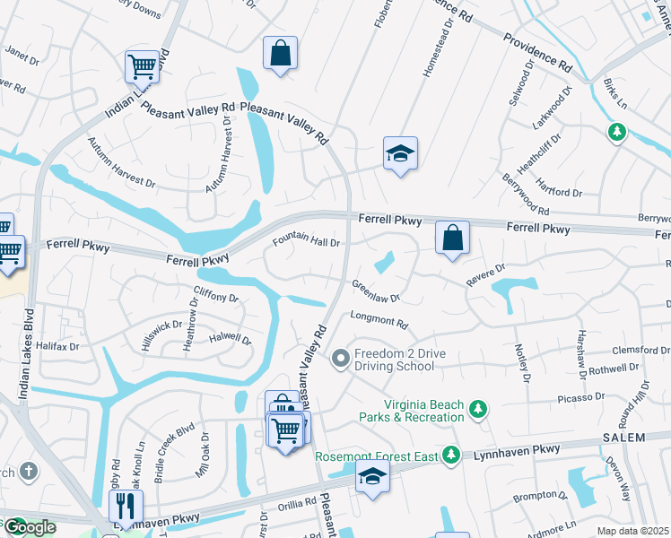 map of restaurants, bars, coffee shops, grocery stores, and more near 1324 Fernside Court in Virginia Beach