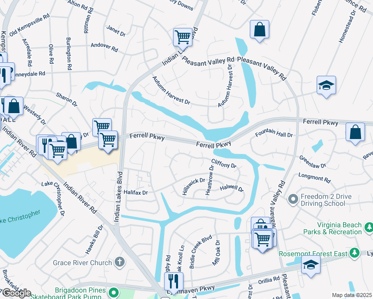map of restaurants, bars, coffee shops, grocery stores, and more near 1409 Cornfield Court in Virginia Beach