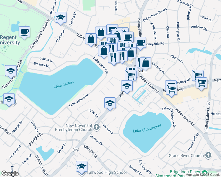 map of restaurants, bars, coffee shops, grocery stores, and more near 1520 Brenland Circle in Virginia Beach