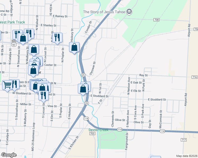 map of restaurants, bars, coffee shops, grocery stores, and more near 723 East North Main Street in Dexter