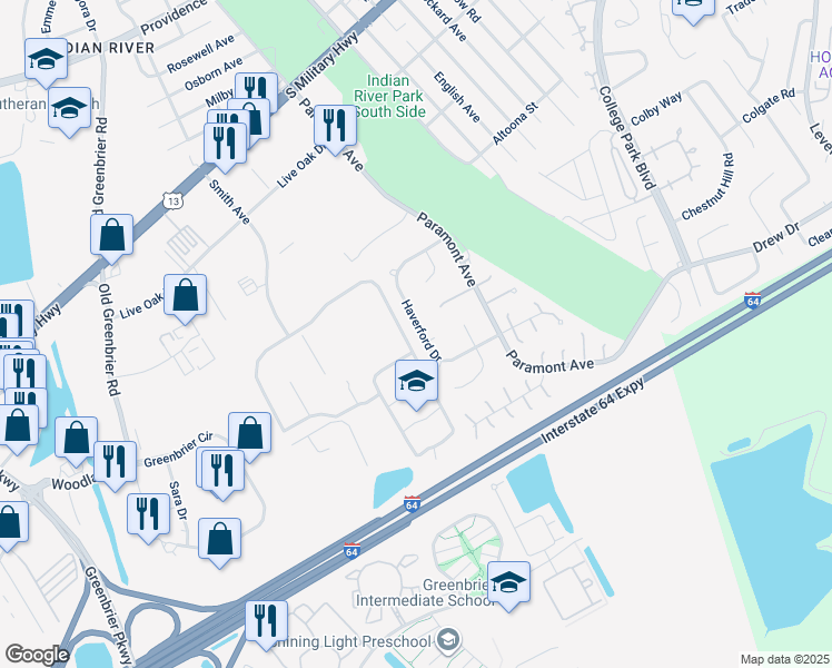map of restaurants, bars, coffee shops, grocery stores, and more near 2147 Haverford Drive in Chesapeake