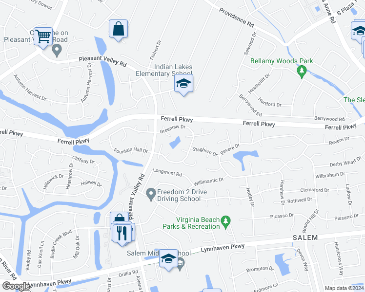 map of restaurants, bars, coffee shops, grocery stores, and more near 4712 White Tail Court in Virginia Beach