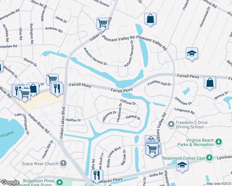 map of restaurants, bars, coffee shops, grocery stores, and more near 1404 Cowbridge Court in Virginia Beach