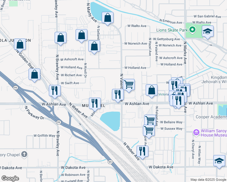 map of restaurants, bars, coffee shops, grocery stores, and more near 4051 North Valentine Avenue in Fresno