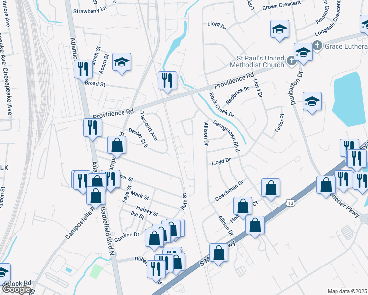 map of restaurants, bars, coffee shops, grocery stores, and more near 2835 Estella Way in Chesapeake