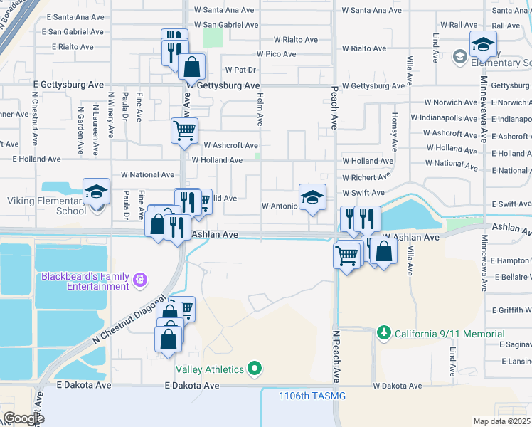 map of restaurants, bars, coffee shops, grocery stores, and more near 3131 Helm Avenue in Clovis