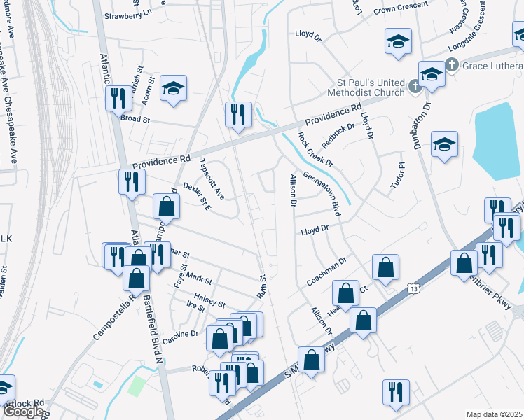 map of restaurants, bars, coffee shops, grocery stores, and more near 2835 Estella Way in Chesapeake