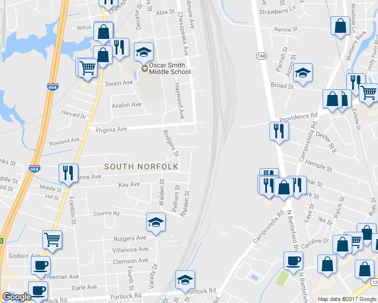 map of restaurants, bars, coffee shops, grocery stores, and more near 2800 Southport Avenue in Chesapeake
