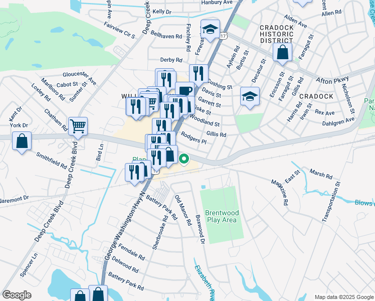 map of restaurants, bars, coffee shops, grocery stores, and more near 1921 Redgate Drive in Portsmouth