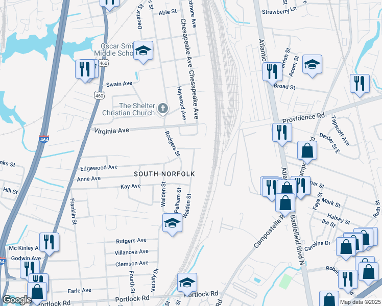 map of restaurants, bars, coffee shops, grocery stores, and more near 2800 Southport Avenue in Chesapeake