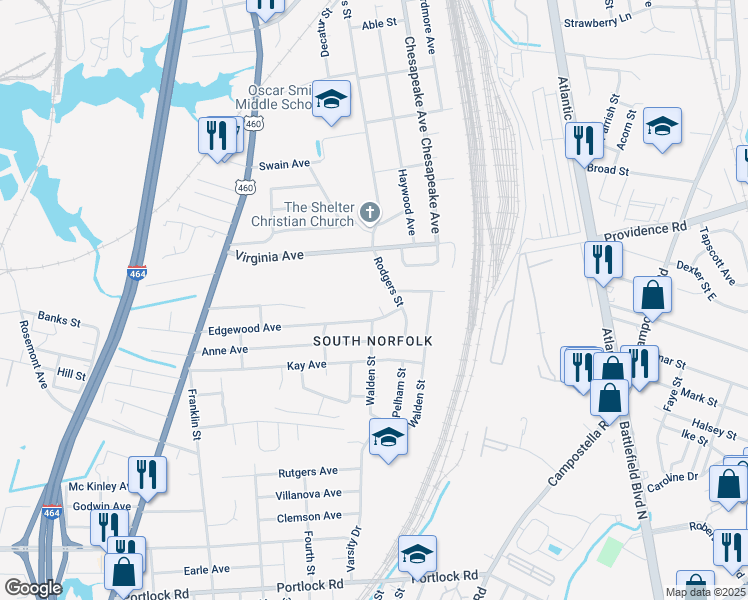 map of restaurants, bars, coffee shops, grocery stores, and more near 2804 Edgewood Court in Chesapeake