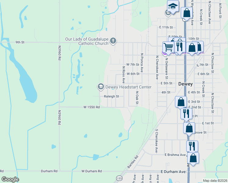 map of restaurants, bars, coffee shops, grocery stores, and more near 401 North Boudinot Avenue in Dewey