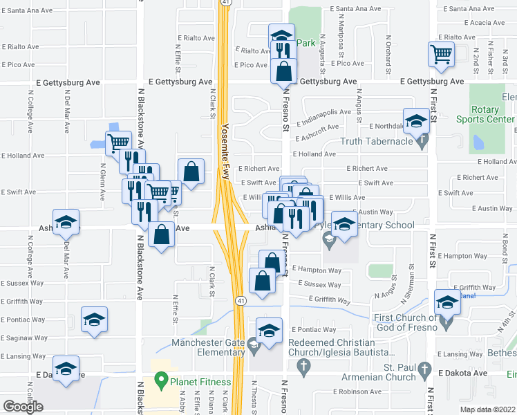 map of restaurants, bars, coffee shops, grocery stores, and more near 2323 East Austin Way in Fresno