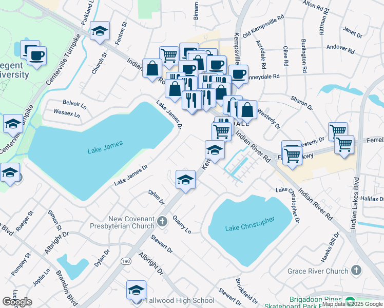 map of restaurants, bars, coffee shops, grocery stores, and more near 1529 Canterford Court in Virginia Beach
